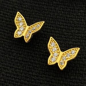Sterling Tiny Sparkling Butterfly Post Earrings Gold Wash Crystal Encrusted‎